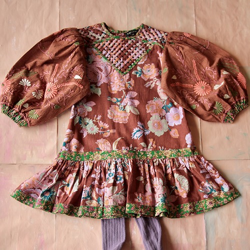 [Bonjour] FOLK DRESS - Big brown flower print