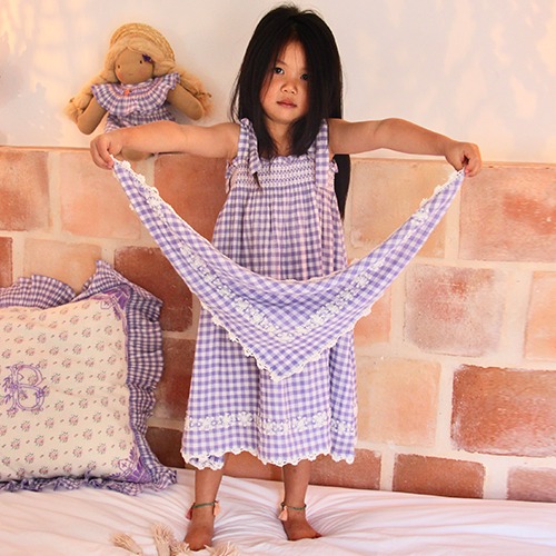 [Bonjour] Long Skirt Dress with Triangle scarf - Violet Gingham