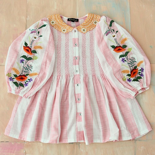 [Bonjour] Tunique Blouse with embroidery collar &amp; sleeve - Large pink stripes