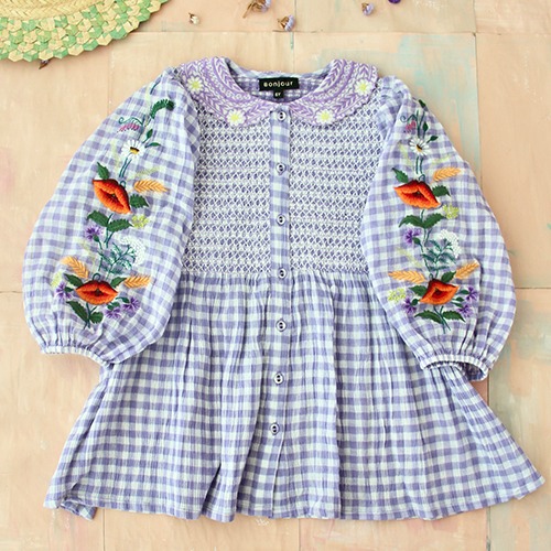 [Bonjour] Tunique Blouse with embroidery collar &amp; sleeve - Violet Gingham