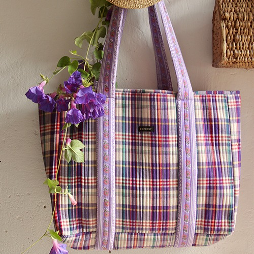[Bonjour] Market bag with block print quilted - Purple check